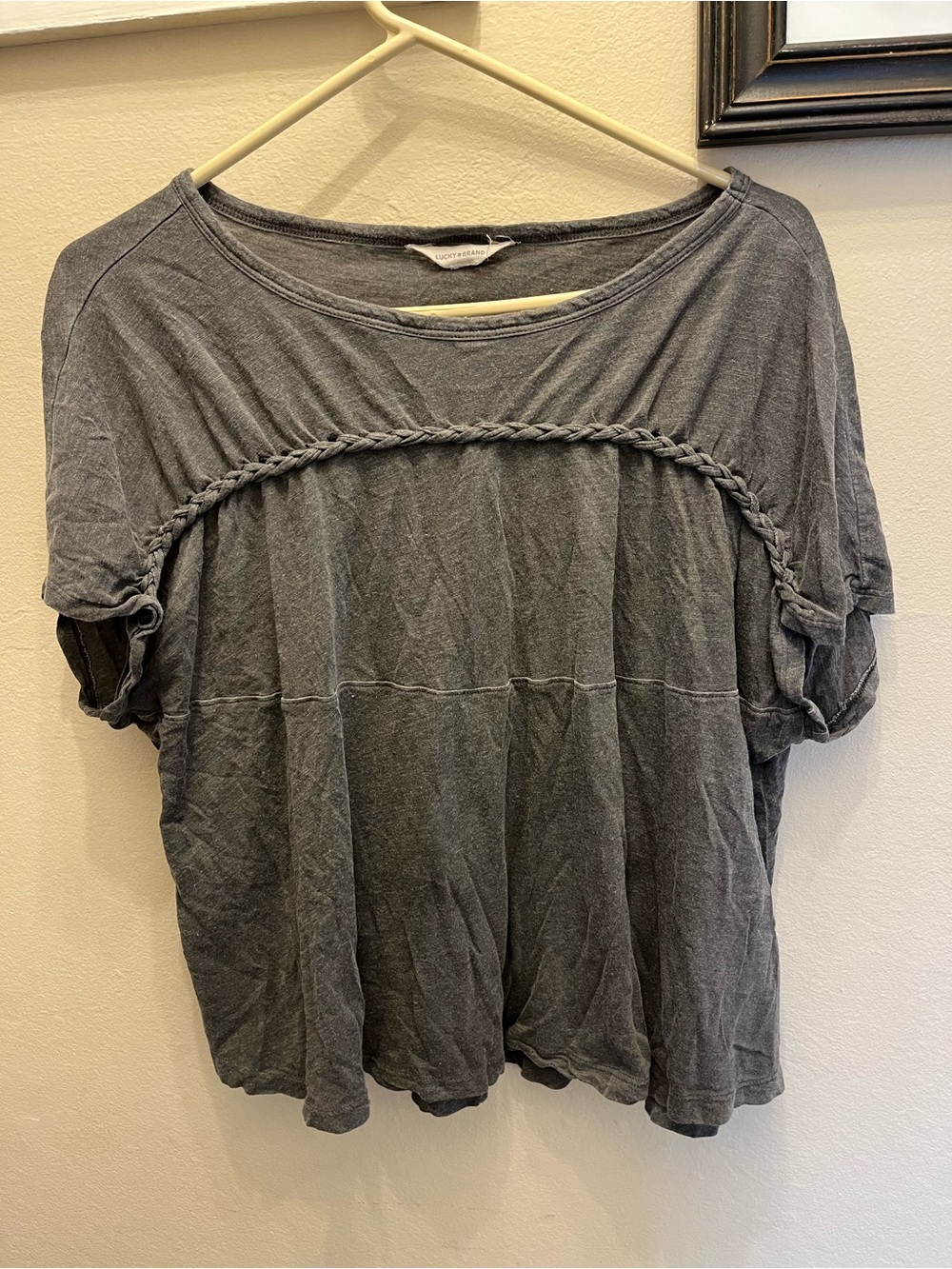 Lucky Brand Gray Boho Braided Trim Top XS Oversized